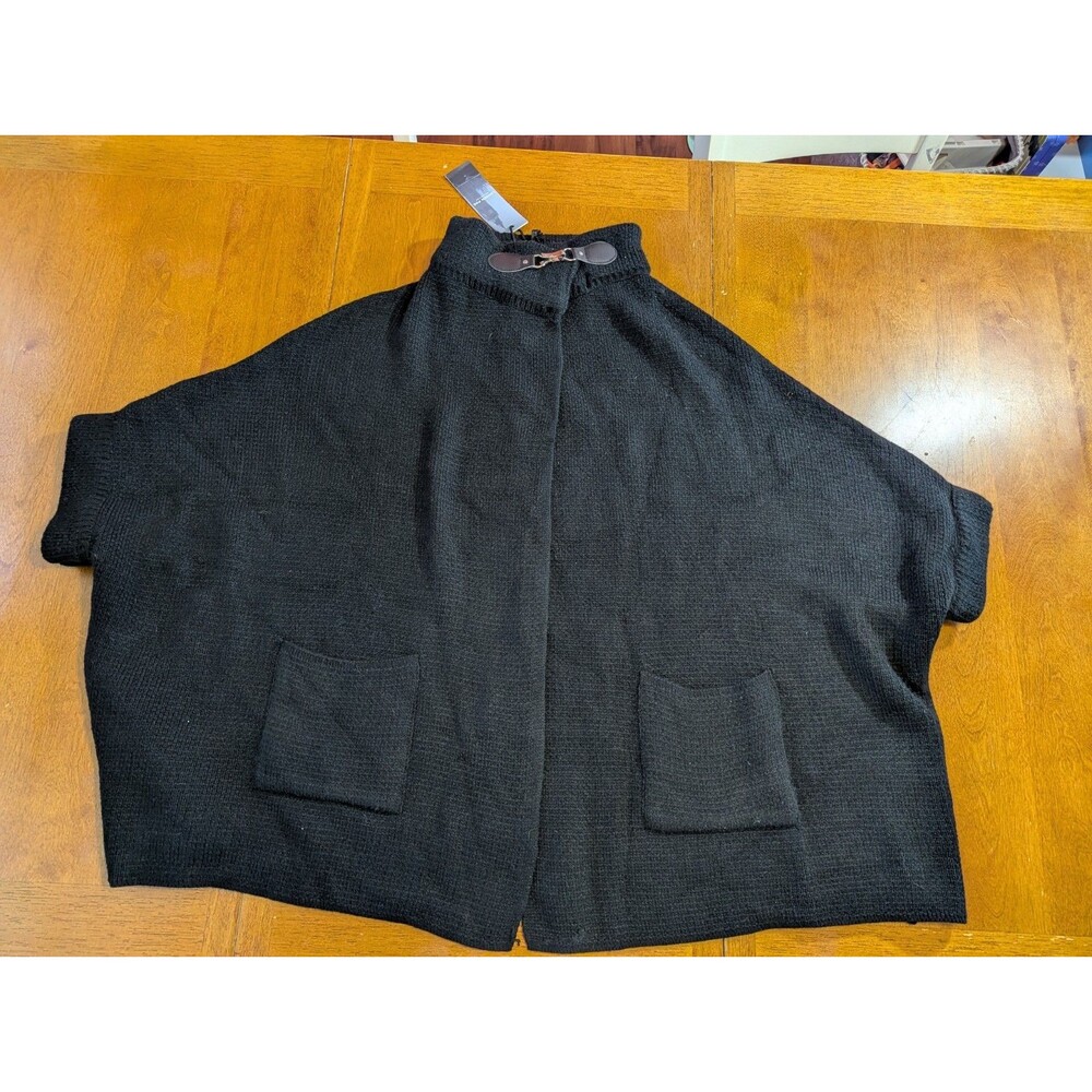 London Fog Collection Black Knit Poncho Cape Sweater Acrylic Buckle Collar